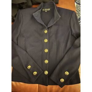 ST.JOHN BASIC KNIT Jacket Blazer Navy Blue Size 8 Made In USA ￼gold Logo Buttons